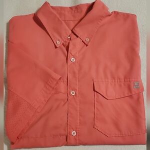 HUK Coral Tide Point Button Down Polo With 2 Pockets. HUK Logo Sz XL